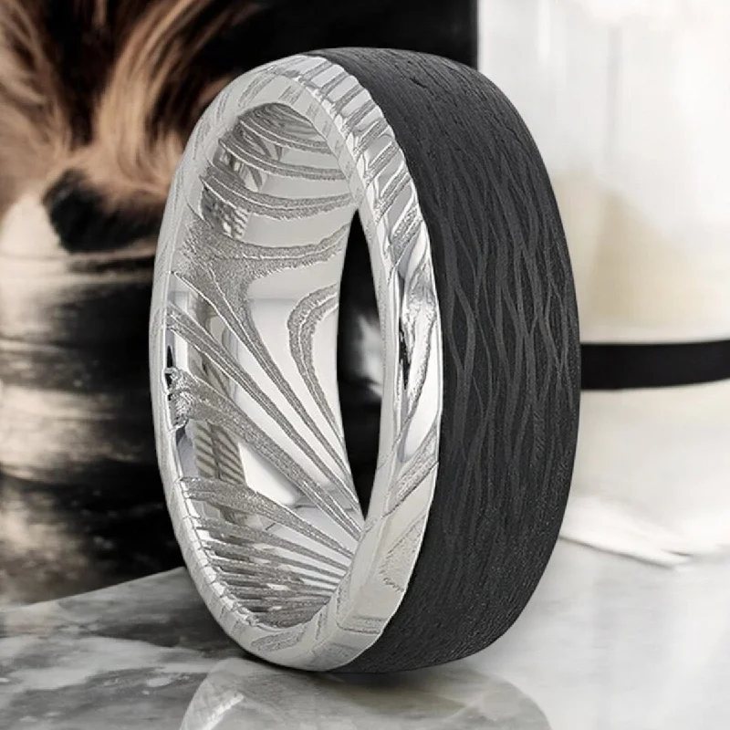 Ripple theme rings-HUDSON | Silver Damascus Steel Ring, Carbon Fiber Inlay