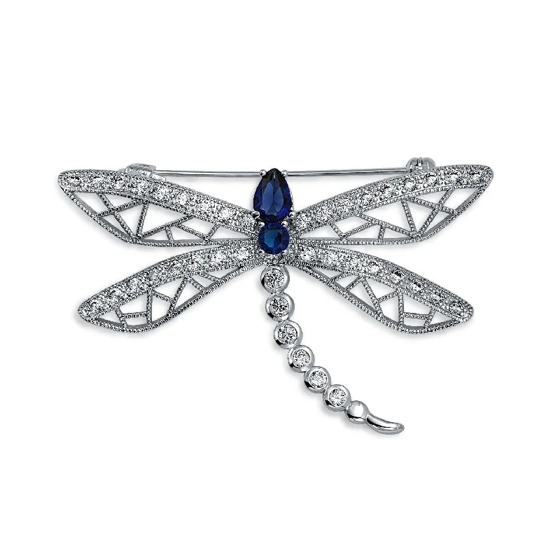 Art deco brooches-Vintage Style Sapphire Blue CZ Butterfly Dragonfly Brooche Pin Silver Plated