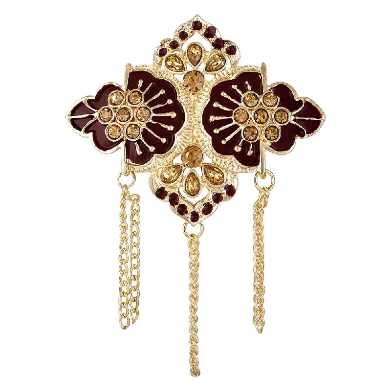 Wire-wrapped brooches-Mahi Maroon Meenakari Work Hanging Chains and Crystals Floral Brooch for Men (BP1101127GMar)