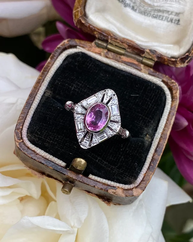 Clear diamond rings-Art Deco Pink Sapphire and Diamond Platinum Ring 0.35ct + 1.0ct