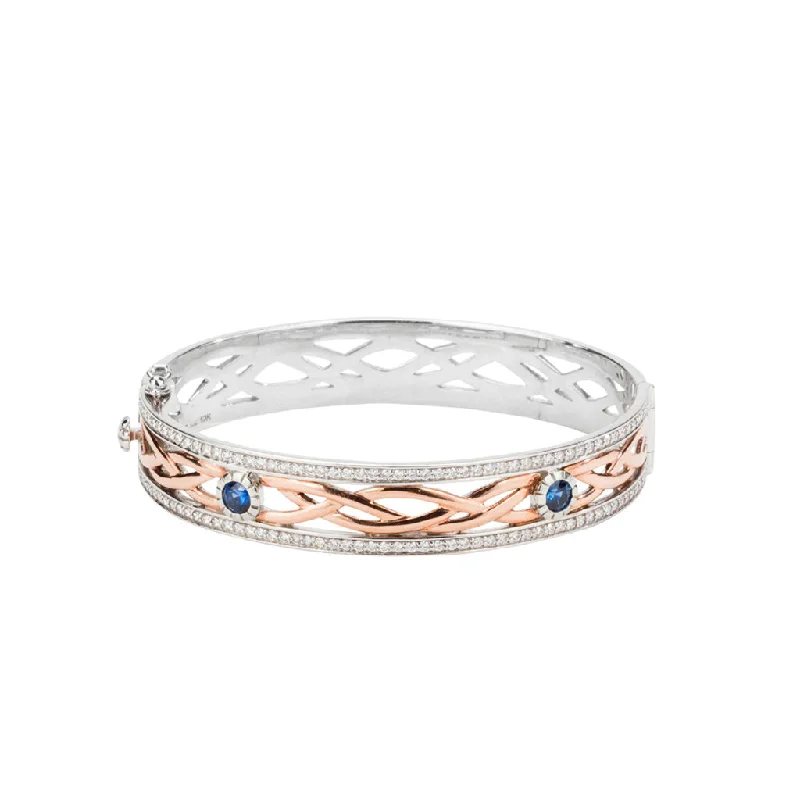 Chiseled letter bangles-10k White and Rose Gold with Diamonds and Vivid Blue Sapphires Brave Heart Bangle