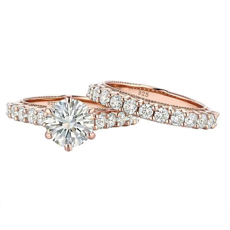 Full moon rings-Round Cut Diamond Rose Gold Engagement Ring Set