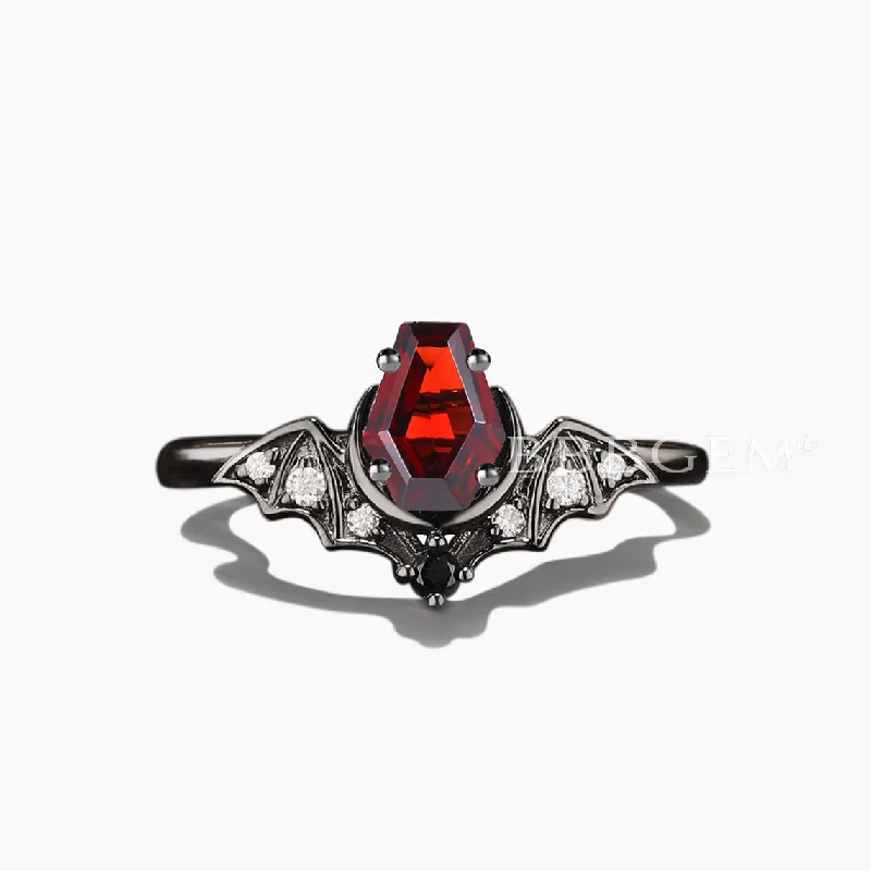 Ripple inlay rings-Bat Coffin Themed Natural Garnet Ring Retro Black Wedding Ring for Women