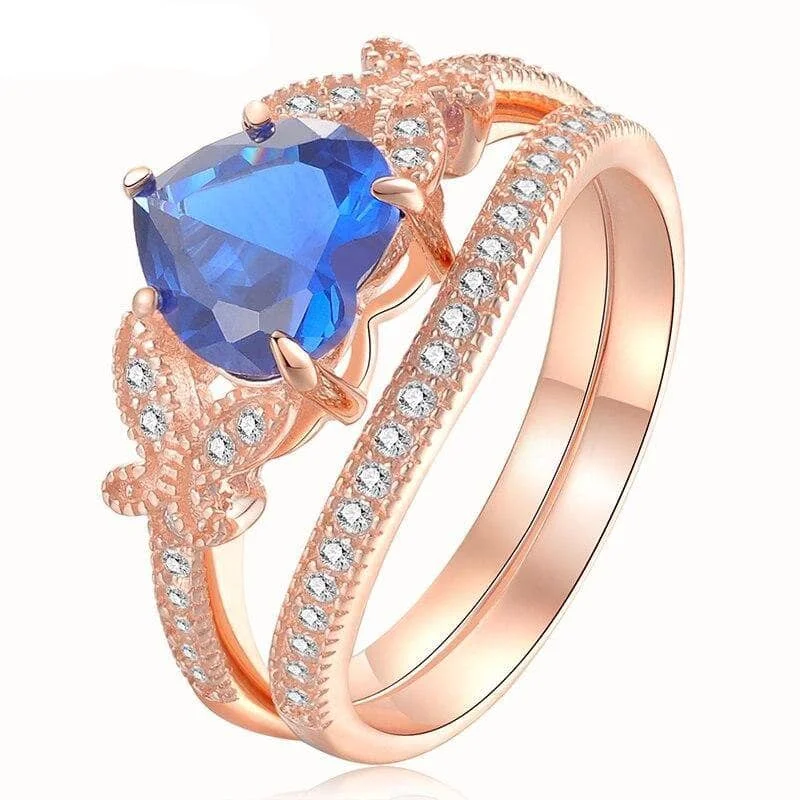 Multi-stone rings-2.2ct Rose Gold Blue Heart Diamond Ring Set