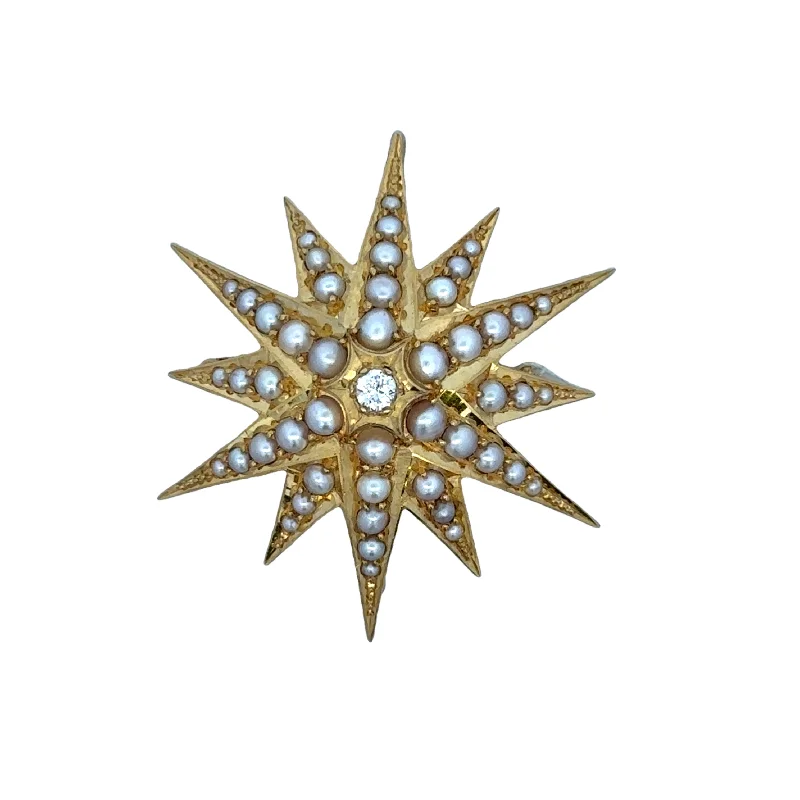 Braided fabric brooches-Antique Victorian Seed Pearl and Diamond Starburst Brooch / Pendant in 18k Yellow Gold