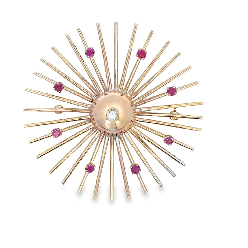 Statement gem brooches-Vintage Retro 1940s Ruby and Diamond Sunburst Brooch in Rose Gold