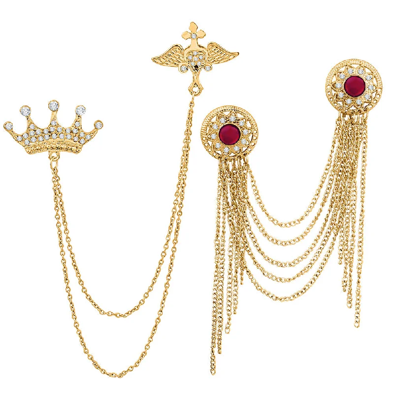 Celestial theme brooches-Mahi Combo of Layered Chains and Crown Shape Wedding Brooch with Maroon, White Crystals for Men (CO1105481G)