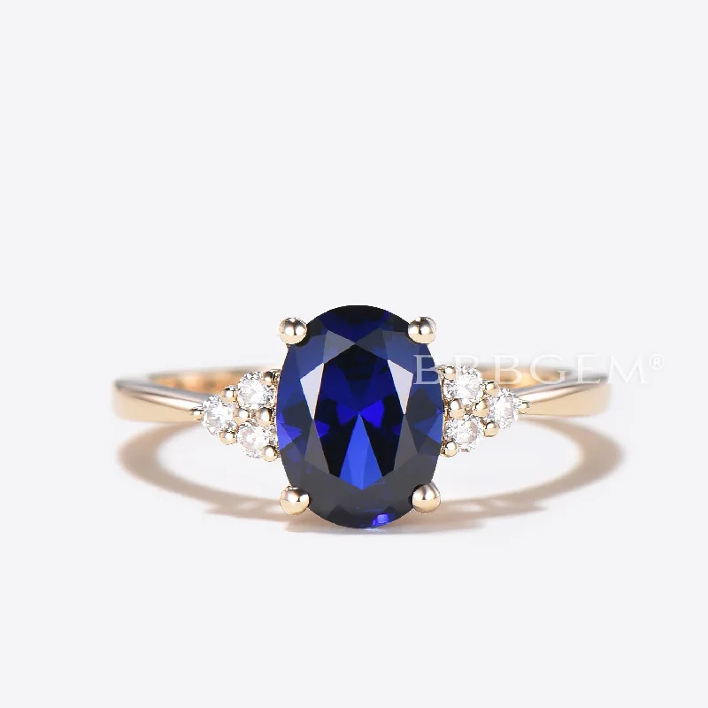 Petal carved rings-Yellow Gold Lab Created Sapphire Three Stone Moissanite Ring with 6x8mm Blue Oval Lab Sapphire (Copy)