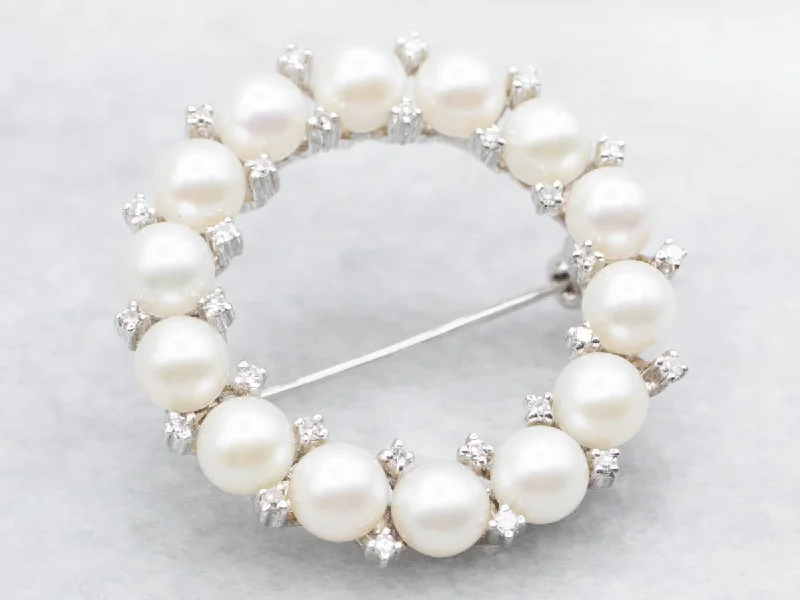 Modern pin brooches-White Gold Saltwater Pearls and Diamond Circle Brooch