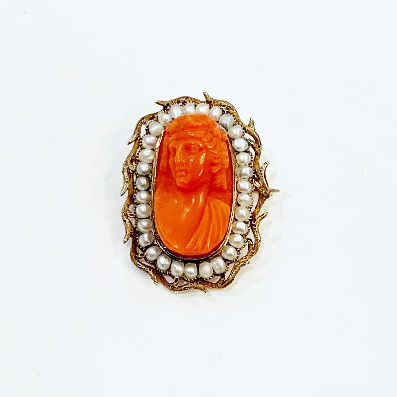 Opal inlay brooches-Estate Collection Brooch - Victorian Coral and Seed Pearl