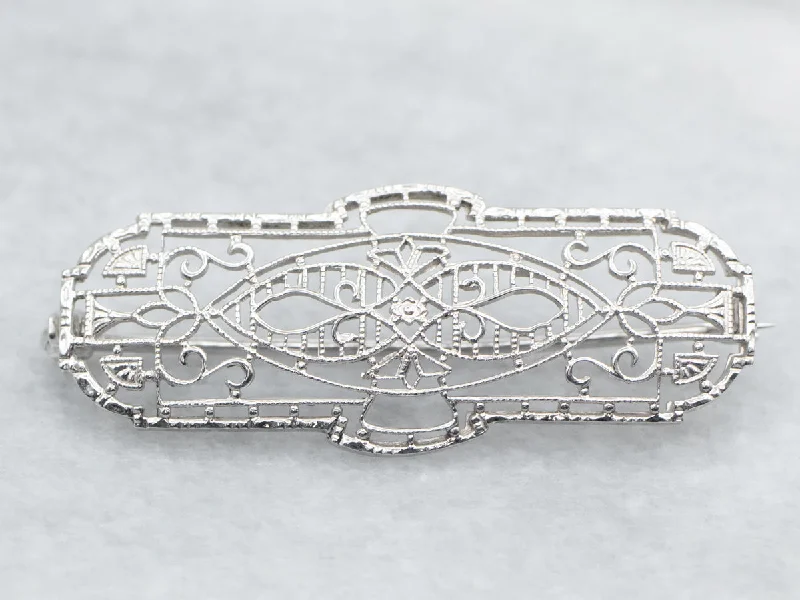 Hexagon shape brooches-White Gold Art Deco Filigree Brooch