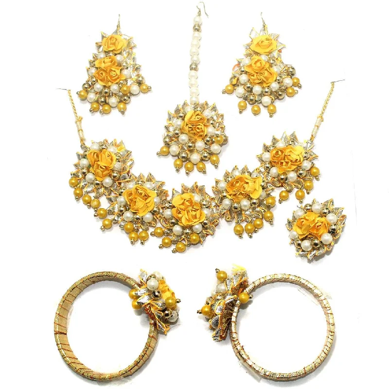 Warm wood bracelets-Gotta Patti Necklace Set with Maang Tikka, Earrings, Ring and Bangle Yellow