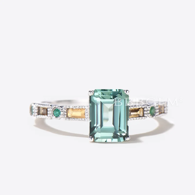 Woven cord rings-2ct Emerald Cut Green Sapphire Wedding Ring Emerald Citrine Half Eternity Ring