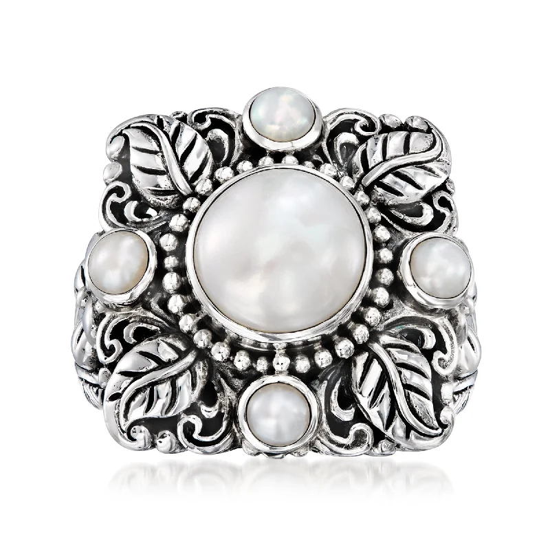 Emerald cut rings-Ross-Simons 3-10mm Cultured Pearl Bali-Style Floral Ring in Sterling Silver