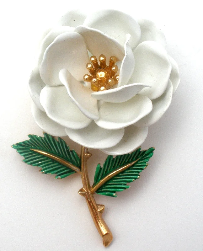 Magnetic clasp brooches-Crown Trifari White Enamel Flower Brooch Pin