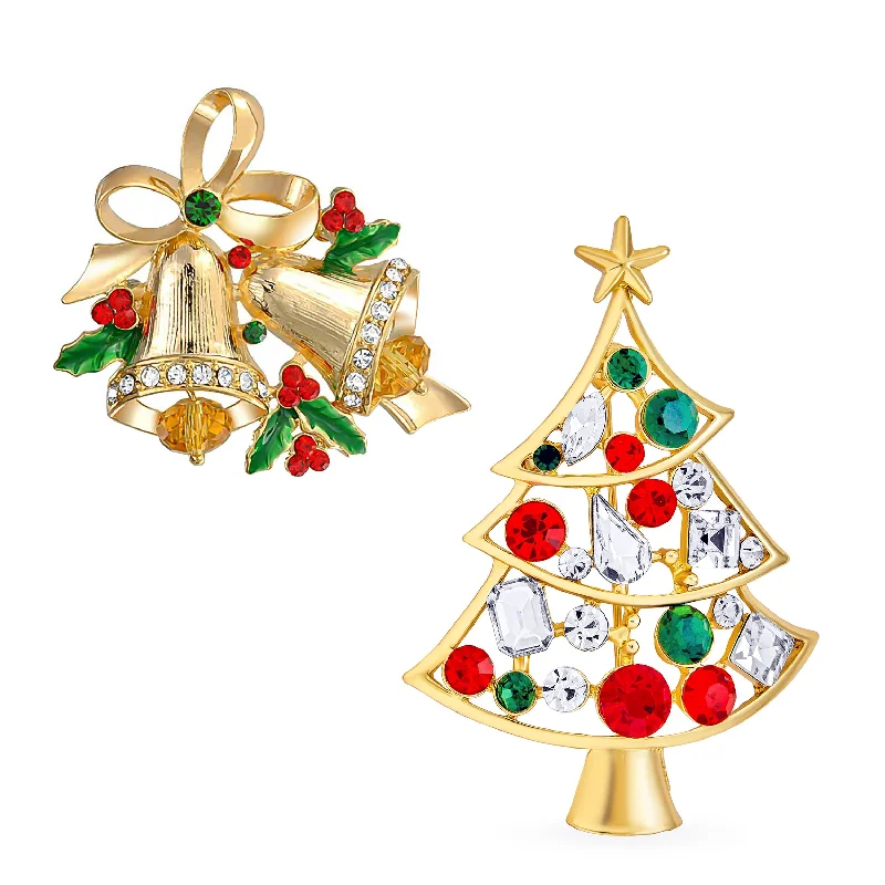 Druzy stone brooches-Set of 2 Large Colorful Crystal Holiday Christmas Tree & Bells Brooche Pin Gold Plated