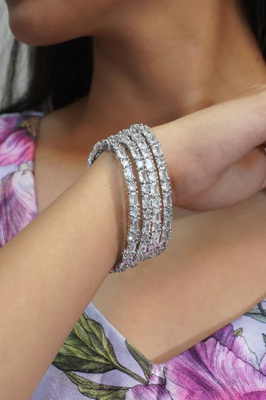 Hand-bright bangles-Silver Rhodium Plated American Diamond Bangle (Set of 4)