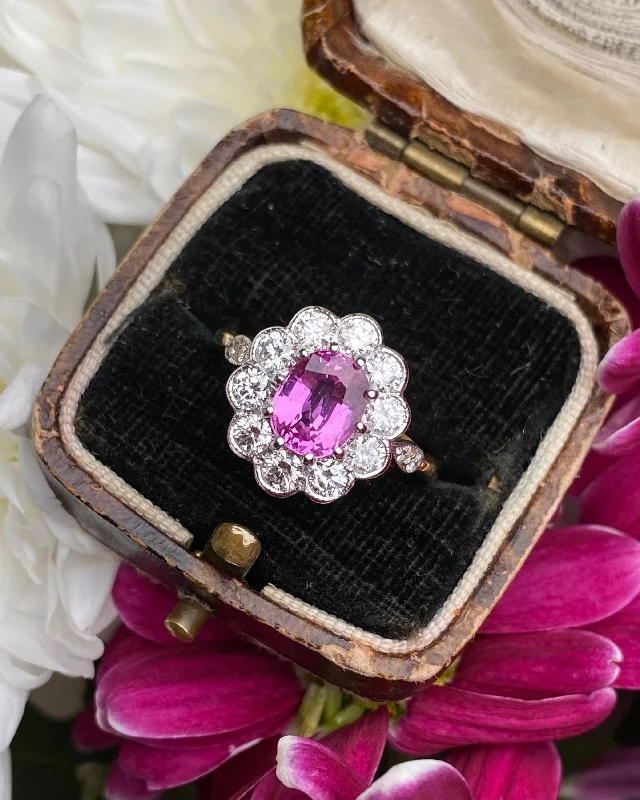 Astro theme rings-Victorian Style Pink Sapphire & Diamond Cluster 18ct Yellow Gold Ring 0.95ct + 1.52ct