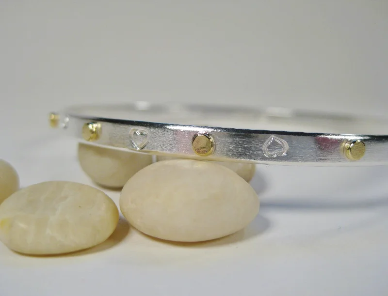 Lily motif bangles-Sterling Silver Hand Stamped Heart Bangle with 18k Gold