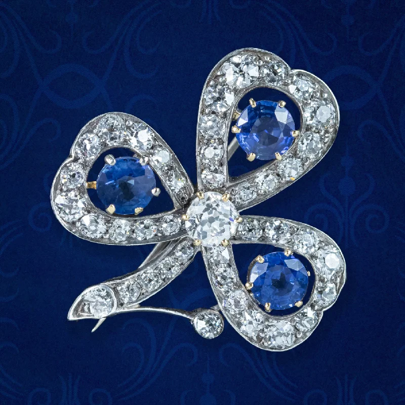 Spiral design brooches-Antique Victorian Sapphire Diamond Shamrock Brooch Silver 18ct Gold