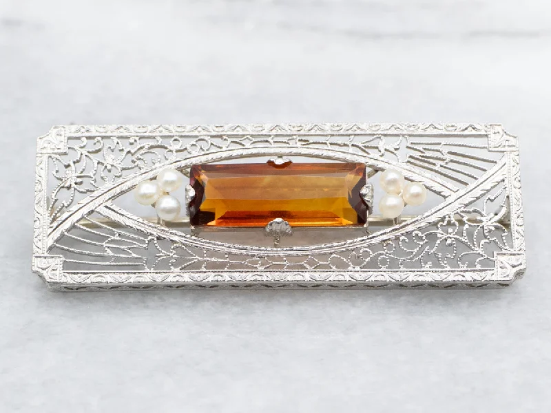 Thick enamel brooches-Art Deco Citrine and Seed Pearl Filigree Brooch