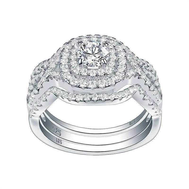 Flow shape rings-3Pcs Round Diamond with Halo Ring Set