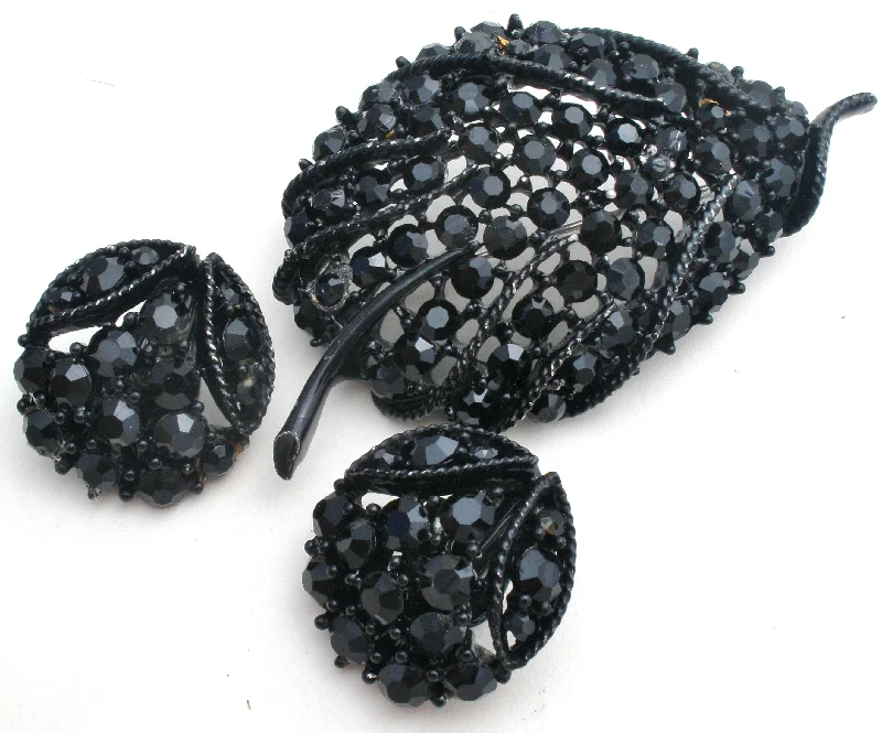 Cluster bead brooches-Leaf Brooch Jewelry Set Black Enamel & Rhinestones