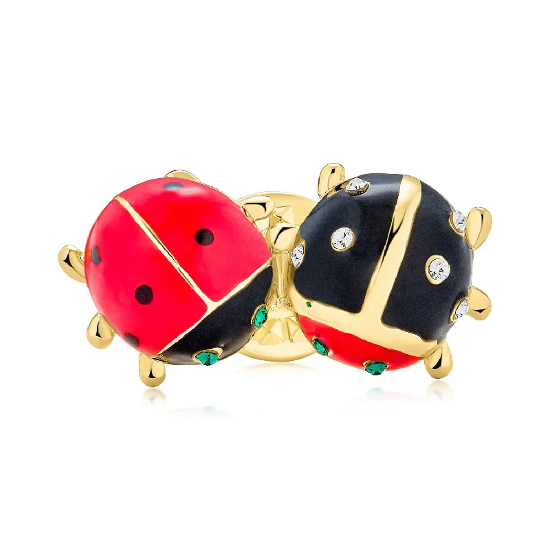 Thick enamel brooches-Lucky Ladybug Brooche Pin Red Black Gold Enamel with Green Eye Crystal Design