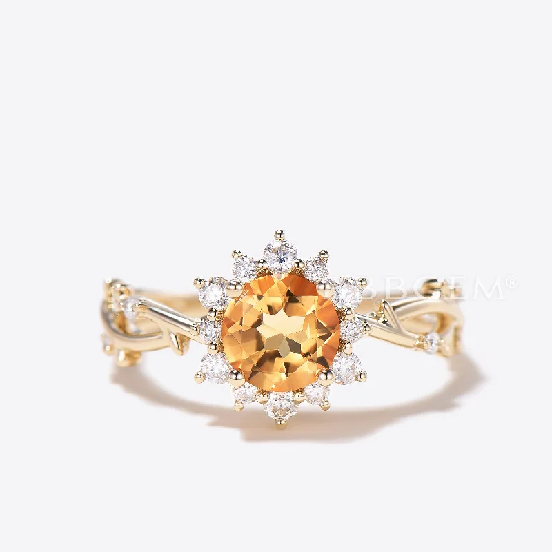 Small stack rings-1ct Round Cut Natural Citrine Diamond Halo Wedding Ring Twig Vine Band