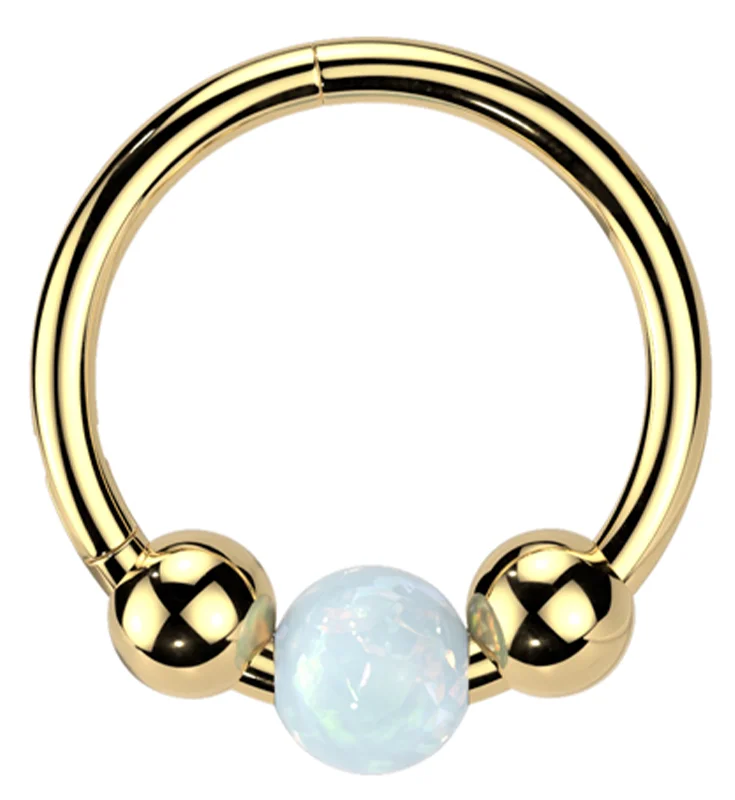 Mystic eye rings-Gold PVD Tri-Ball White Opalite Titanium Hinged Segment Ring