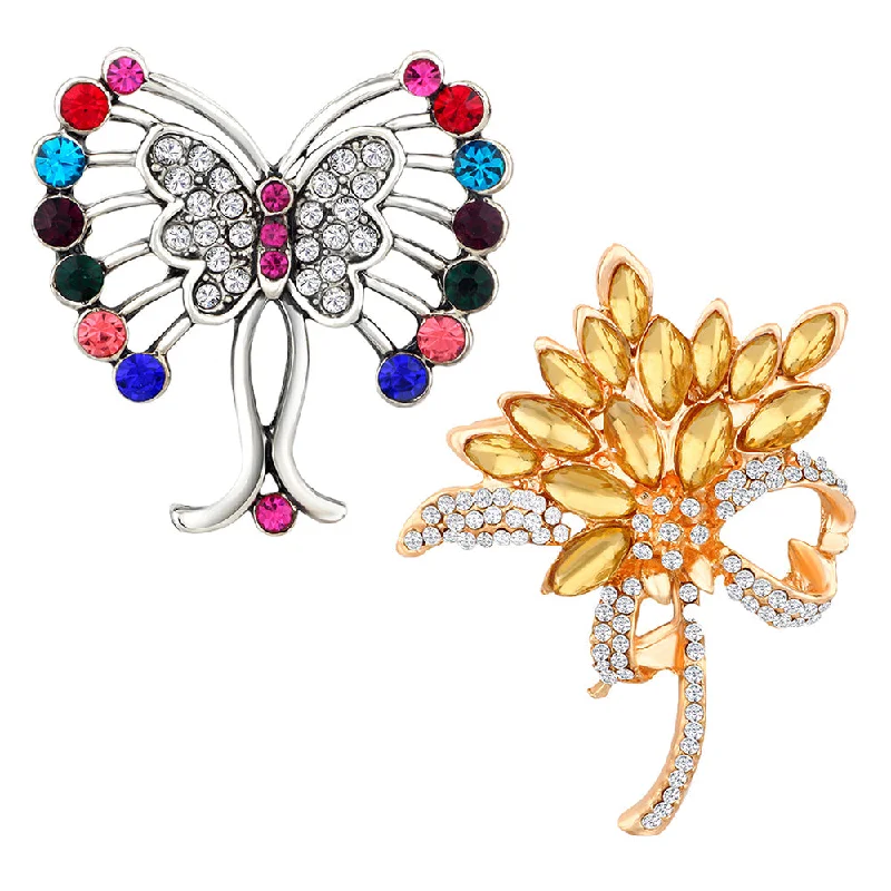 Fringe tassel brooches-Mahi Combo of Floral and Butterfly Shaped Wedding Brooch / Lapel Pin with Multicolor Crystals for Women (CO1105453M)