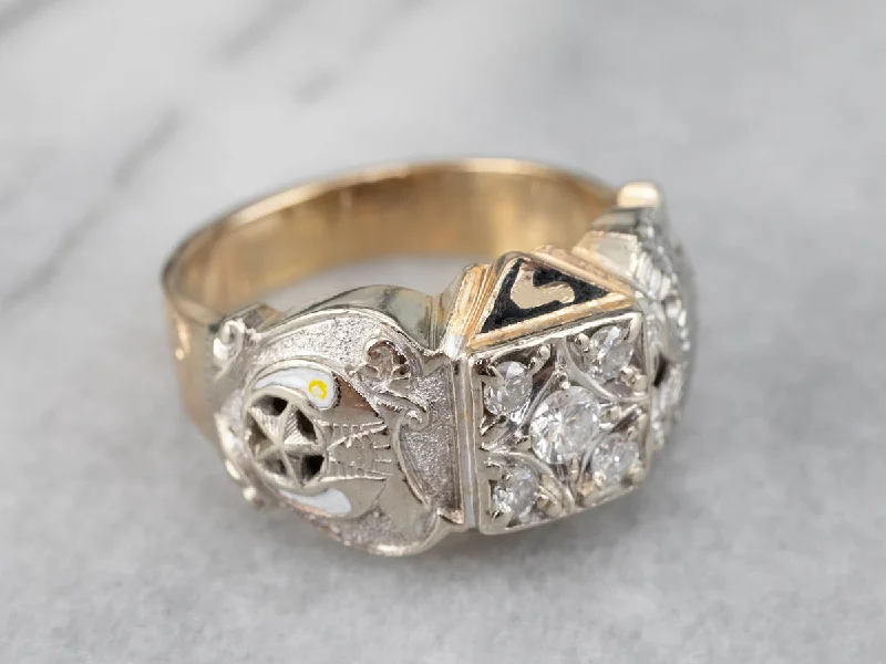 Hand-bright rings-Masonic Diamond Enamel Two Tone Gold Ring