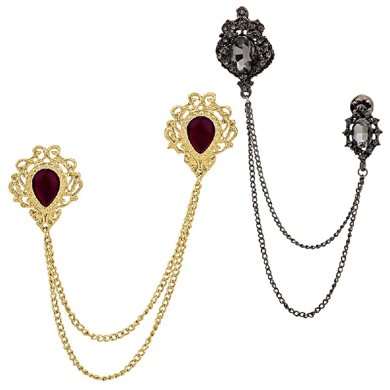 Toggle pin brooches-Mahi Combo of Layered Chains Wedding Brooch with Black, Maroon Crystals for Men (CO1105511M)