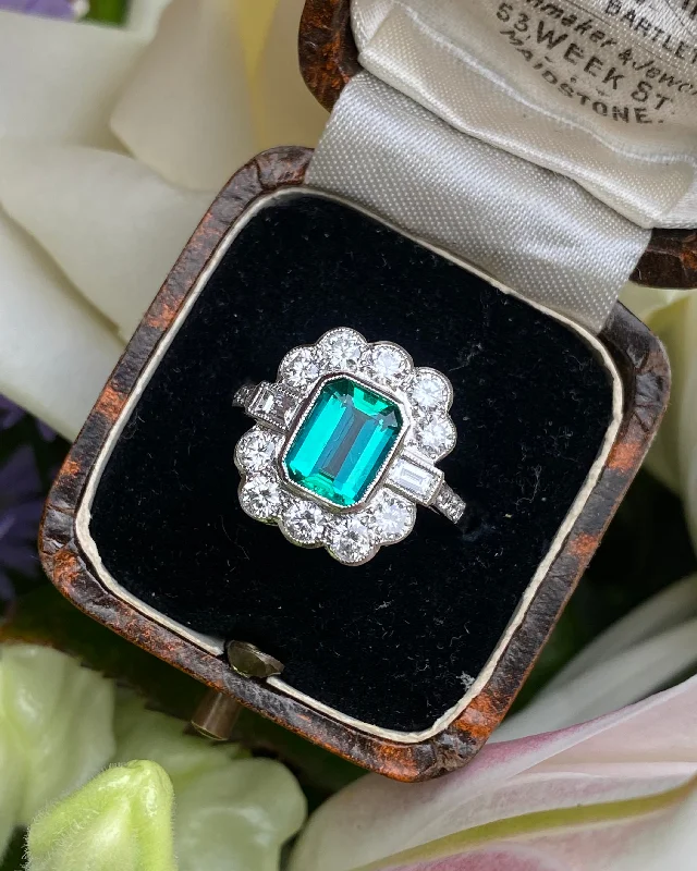 Ripple theme rings-Emerald and Diamond Cluster Platinum Ring 1.25ct + 1.60ct