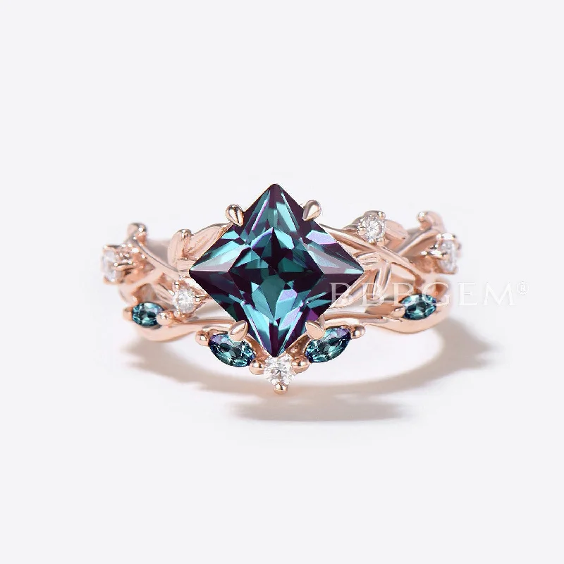 Straw style rings-Princess Color-change Alexandrite Twisted ring Nature Inspired Bridal Set