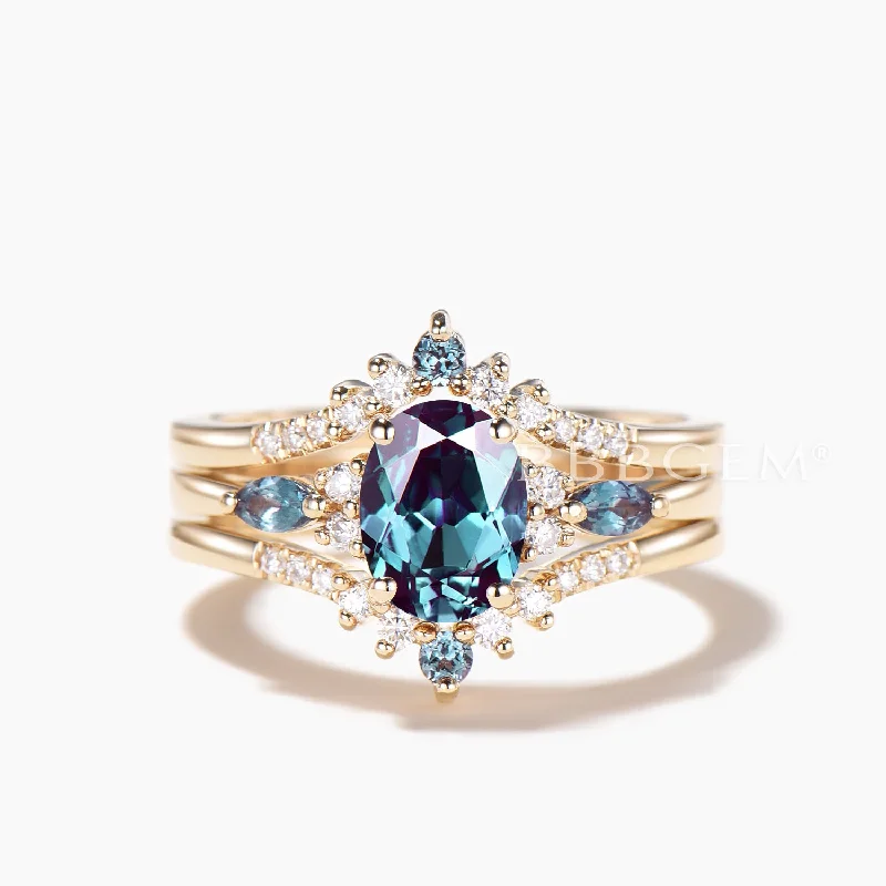 Round shape rings-1.5ct Oval Cut Color-Change Alexandrite Engagement Ring Set for Women