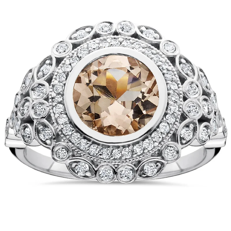 Flex open rings-2 1/3ct Morganite & Diamond Vintage Halo Ring 14K White Gold