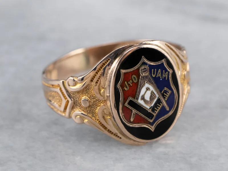 Old vow rings-Antique Mechanics Fraternal Enamel Gold Ring