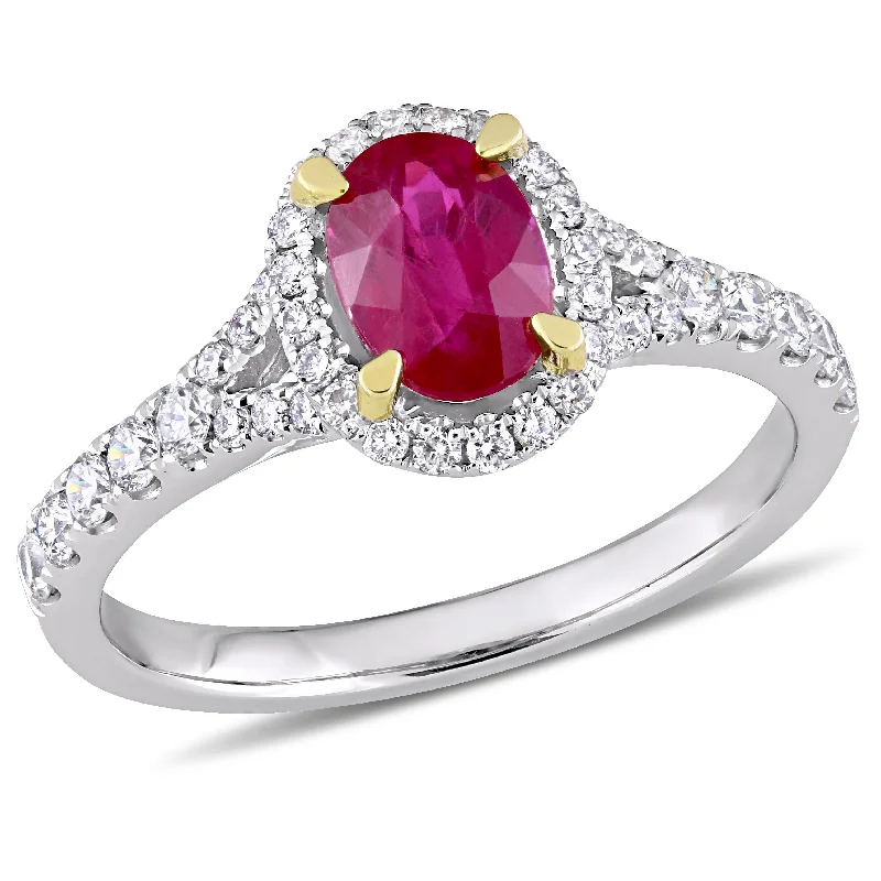 Lustrous silver rings-Mimi & Max 7/8ct TGW Ruby 1/2ct TW Diamond Halo Ring 14k White and Yellow Gold