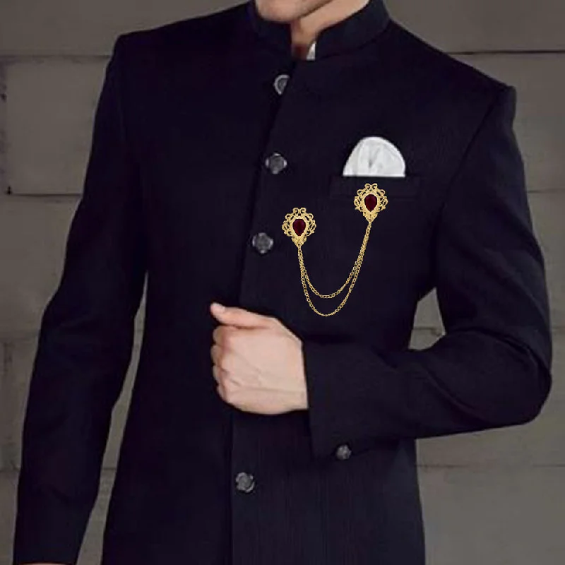 Cluster bead brooches-Mahi Gold Plated White Crystal Metal Engraving Dual Layer Chain Brooch for Men (BP1101058G)