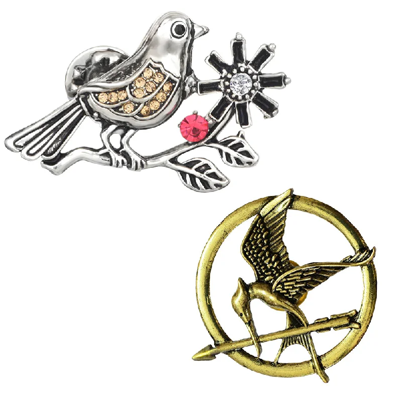 Luxe velvet brooches-Mahi Combo of Sparrow and Woodpicker Shaped Wedding Brooch / Lapel Pin with Pink, White Crystals for Men and Women (CO1105491M)