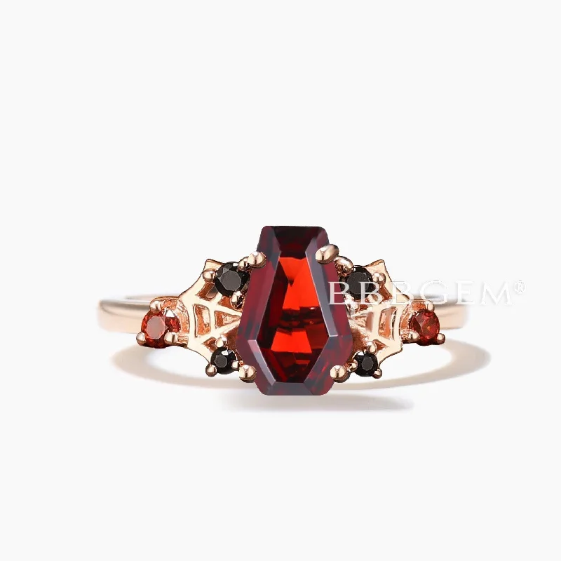 Ruby gem rings-Spider Coffin Wedding Ring Natural Garnet Black Diamond Goth Engagement Ring