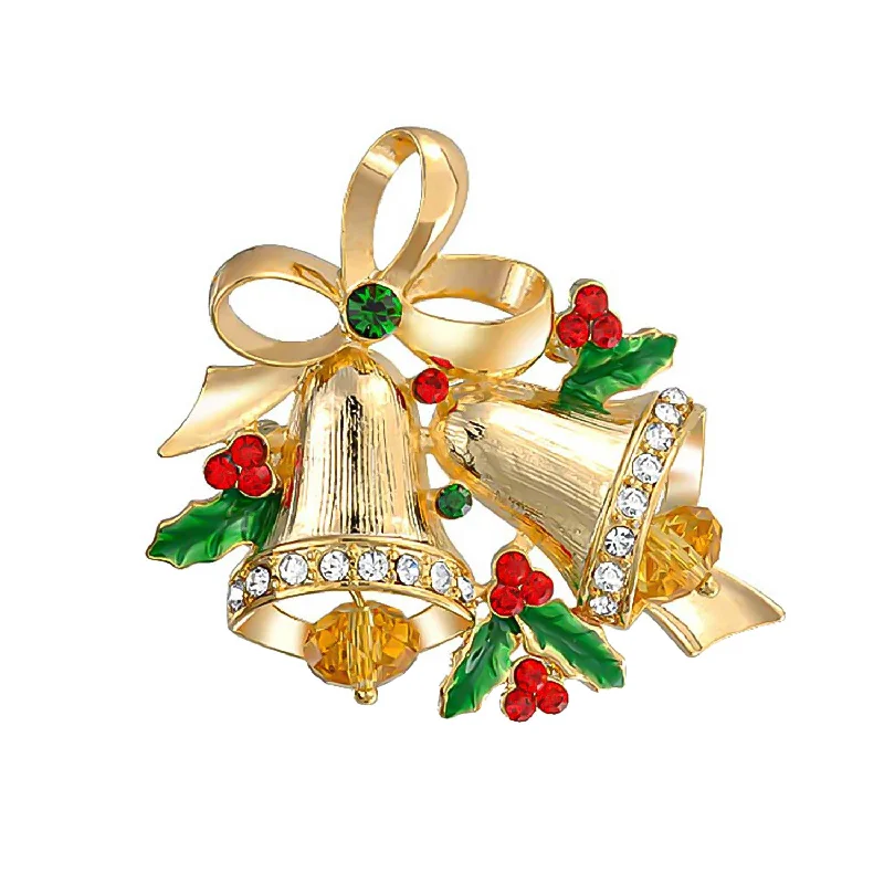 Celestial theme brooches-Large Fashion Statement Crystal Holiday Holly Christmas Bells Brooche Pin Gold Plated