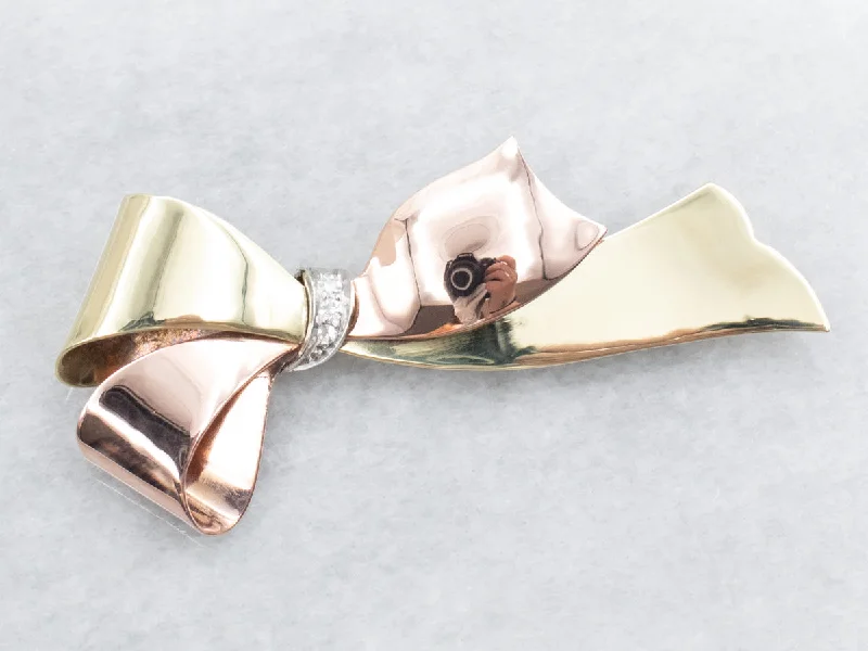 Organic form brooches-Vintage Sweet Gold Diamond Bow Brooch